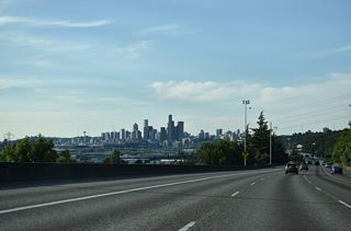 The impressive Downtown Seattle skyline comes into view along Interstate 5 north at South Seattle.