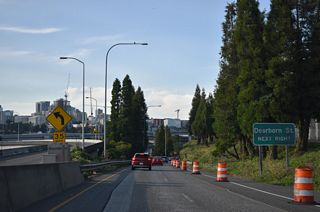 The succeeding exit from the c/d roadway joins Interstate 5 north with Deaborn Street west to the International District.