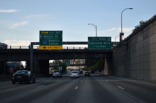 Continuing north, I-5 next meets Exit 167 to Mercer Street and Exit 168 A to Lakeview Avenue. The Mercer Street connector provides direct access to Mercer Street at Fairview Avenue. Mercer Street west to Broad Street leads to Seattle Center for the Space Needle, Climate Pledge Arena (former home of the NBA Seattle Supersonics), Pacific Science Center, and the Seattle Rep theatre among other attractions.