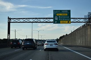 SR 520 heads east from Exit 168 B through Montlake to Lake Washington. Connections with SR 513 (Montlake Boulevard) north serves Husky Stadium and the University of Washington campus.