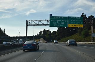 Exit 172 links I-5 with adjacent with Banner Way to NE 85th Street for Green Lake, Greenwood, Loyal Heights, and North Beach.