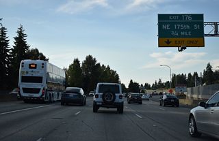 Restricted ramps connect Interstate 5 with Metro Transit's North Base 0.75 miles ahead of Exit 176. The diamond interchange with NE 175th Street is the main connection from Interstate 5 to Shoreline.