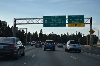 SR 104 (NE 205th Street) angles northwest from Lake Forest Park to meet Interstate 5 at Exit 177 on the Shoreline and King County line.