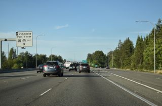 An inverted diamond interchange joins the HOV-2 lanes with the Lynnwood City Center Station along 46th Avenue W.