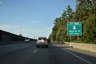 Exit 181 B is a six-ramp parclo interchange with SR 524 (196th Street SW) and Alderwood Mall Parkway in Lynnwood. SR 524 constitutes a commercial arterial west to Edmonds and east to the city line. The state route overall runs 14.68 miles from SR 104 (Sunset Avenue) to SR 522 at Maltby.
