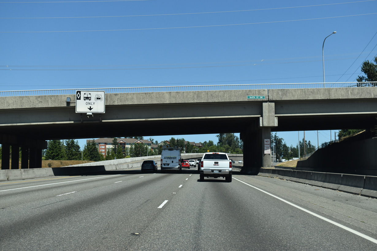 Shifting eastward, Interstate 5 continues north between the communities of Lake Stickney and Martha Lake on the ensuing stretch.