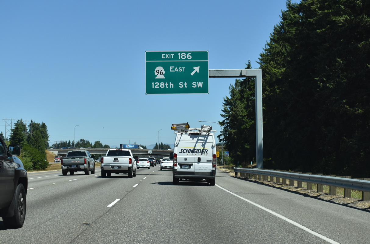SR 96 (128th Street SE) runs east from Exit 186 to Murphys Corner and Mill Creek.  128th Street NW extends west from I-5 to Airport Road and Seattle Paine Field International Airport (PAE).