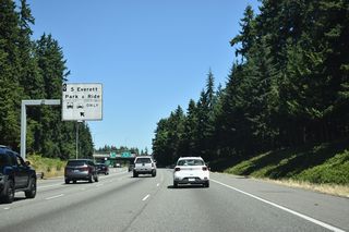 Left exit ramps connect the HOV lanes in both directions of Interstate 5 with the South Everett Park &amp; Ride lot off 112th Street SE.