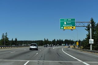 Exit 199 leaves Interstate 5 for SR 528 (4th Street) east to the Marysville city center and Marine Drive NE west to Priest Point Grange and Tulalip along Possession Sound.