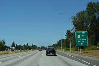 SR 532 extends west to North Camano Drive to Utsalady and East Camano Drive to Cama Beach and Camano Island State Parks. Stanwood Bryant Road heads 4.1 miles east from Exit 212 to SR 9 at Bryant.