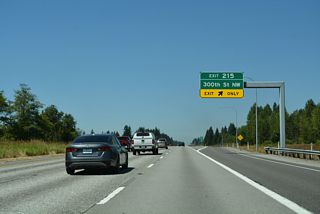 Exit 215 leaves Interstate 5 north for 300th Street NW. 300th Street NW dog legs north along Old 99 N to the west while the local road east ends at a rural residential area.