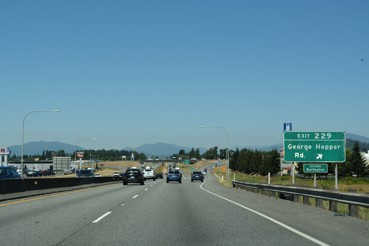 The diamond interchange (Exit 229) with George Hopper Road serves an array of car dealerships, big box retail, hotels and restaurants.