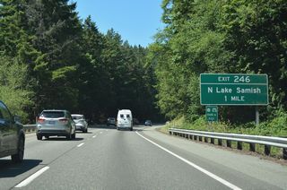 E Lake Samish Drive ends at N Lake Samish Drive, a continuation of the ring road system around the lake. N Lake Samish Drive climbs northward to the right in right out (RIRO) ramps at Exit 246.