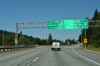 Samish Way (old U.S. 99) converges with I-5 again at a split diamond interchange (Exit 252) east of Western Washington University. Samish Way crosses I-5 north from Elwood Avenue en route to Maple Street. The historic route of U.S. 99 followed Maple, Ellis and Holly Streets to the Bellingham city center.