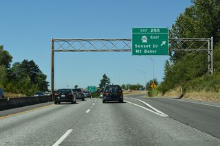 Northbound Interstate 5 at Exit 255 to SR 542 east and Sunset Drive west to Broadway and Bellingham Bay. SR 542 overall travels 57.29 miles between Bellingham and the Mount Baker Ski Area.