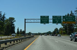 Exit 256 partitions into separate ramps for SR 539 north / Meridian Street and Bellis Fair Mall Parkway, a ring road encircling Bellis Fair Mall. SR 539 north provides connections to the Sumas border crossing via SR 544 and SR 546 east.