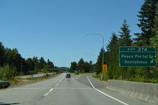 Portal Way becomes Peace Portal Drive (Old U.S. 99) upon entering the city of Blaine. The parallel road is part of SR 538 north from Blaine Road to Exit 276. SR 538 (Blaine Road) south to Drayton Harbor Road leads west to Semiahmoo Parkway north onto Semiahmoo Spit. Semiahmoo lies at Tongue Point on Semiahmoo Bay.
