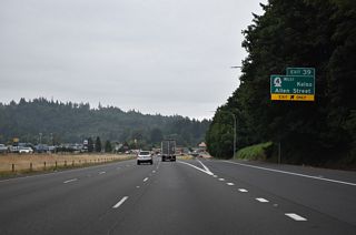 East from the diamond interchange at Exit 39, Allen Street follows the Cowerman River to the base of Mount Brynion. SR 4 spans the Cowlitz River from Downtown Kelso to West Kelso on the two miles into the city of Longview.