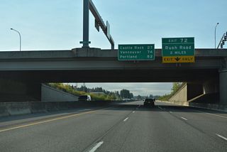 Castle Rock is the next control city for I-5 south. Vancouver joins Portland on this distance sign at the LaBree Road overpass.