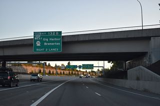 Heading west from I-705/SR 7, Interstate 5 converges with SR 16 at Exit 132.