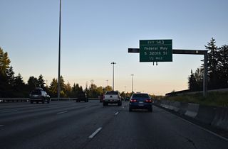 A parclo interchange connects Interstate 5 with S 320th Street in Federal Way. S 320th Street leaves the city to the east, becoming Peasley Canyon Road toward Auburn.