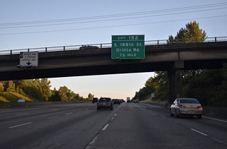 Continuing south, Interstate 5 enters the city limits of SeaTac and next meets S 188th Street west to Angle Lake and east to Orillia Road south at Exit 152.
