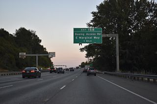 Exit 158 provides access to S Boeing Access Road west to Airport Way and E Marginal Way south of the Seattle Boeing plant and adjacent airport. S Boeing Access Road comprises a short expressway between SR 900 (Martin Luther King Jr., Way) and Pacific Highway S (historic U.S. 99).
