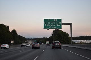 E Marginal Way splits with historic U.S. 99 (Pacific Highway) at Duwamish and Boeing Access Road west of Exit 158. Pacific Highway angles southwest to Riverton Heights in Tukwilla while E Marginal Way parallels the SR 599 freeway near the Allentown and Foster communities.