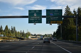Interstate 405 is a heavily traveled urban loop encircling the Lake Washington area east of Seattle. The freeway is not necessarily a better through route due to commuter traffic. Traveling 30.30 miles, I-405 ends like it begins, at I-5 and a state route freeway (SR 518) at Exit 154.