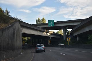A multi level systems interchange joins I-5/405 and SR 525.
