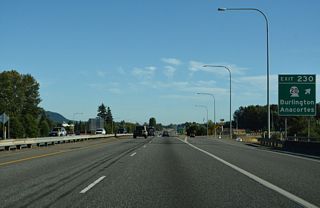 A folded diamond interchange links I-5 south and SR 20 (Avon Cutoff) at Exit 230. Avoiding Downtown, SR 20 follows Rio Vista Avenue east, Burlington Boulevard (Old U.S. 99) north, and Avon Avenue east to North Cascades Highway.