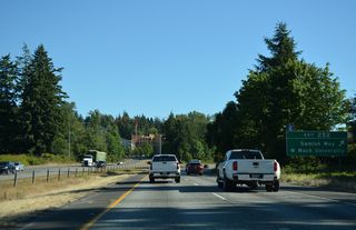 Old U.S. 99 follows Samish Way south from Maple Street to a split diamond interchange (Exit 252) with I-5 at 36th and Lincoln Streets. Samish Way continues south from Exit 252 to Happy Valley and east to Lake Padden. Bill McDonald Parkway stems west from Samish Way nearby to Western Washington University.