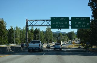 Interstate 5 crosses the Bellingham residential street grid from Memorial Park south to the folded diamond interchange (Exit 254) with Ohio and Iowa Streets. State Street angles southwest from Iowa Street to Downtown Bellingham.