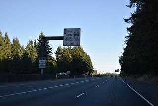 Heading south along SR 16 east from Gig Harbor toward the Tacoma Narrows Bridge. The left lane is restricted to HOV-2 motorists.
