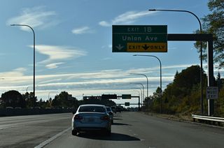 A diamond interchange (Exit 1 B) joins SR 16 with Union Avenue just west of S Pine Street.