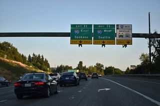 The westbound ramp at Exit 11 includes access to Bellevue Way near Beaux Arts Village. Interstate 90 extends west from Bellevue Way to SoDo in Seattle.