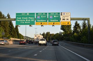 Southcenter joins Renton on the Interstate 405 pull through panel at the original southbound roadway split with Exit 11. Southcenter is the area in Tukwila where I-405 meets I-5 and SR 518.