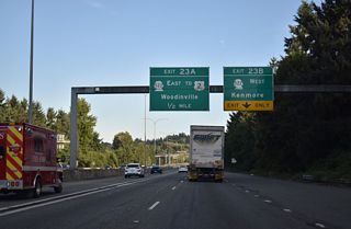 Exit 23 A loops onto SR 522 east to Woodinville. SR 522 ends in Monroe at U.S. 2. Connections with U.S. 2 lead travelers across Stevens Pass in the Cascade Mountains to Wenatchee.