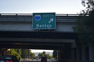 Button copy overhead for the former loop ramp joining NE 85th Street west with Interstate 405 south in Kirkland.