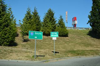 Interstate 5 travels south from Blaine to Bellingham, Everett and Seattle.