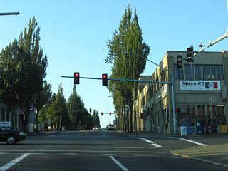 Capitol Way southbound at the intersection with Union Avenue. Union Avenue leads west to the General Administration building of Capitol Campus and east to Plum Street near Exit 105 of Interstate 5.