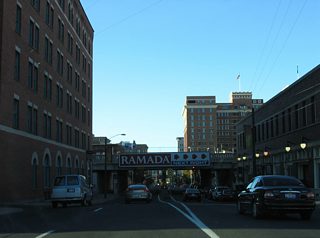 Three tracks of the BNSF Railroad pass over Lincoln Street on the south side of downtown Spokane.