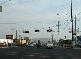 Mead Avenue lines the north end of an industrial area between South 1st Street and Rudkin Boulevard, the southbound side frontage road to Interstate 82.