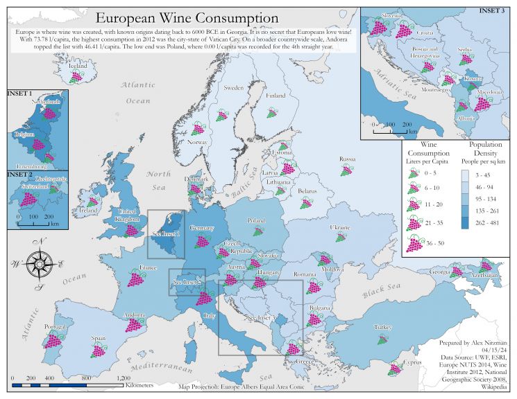 Map showing population density vs wine consumption for European countries
