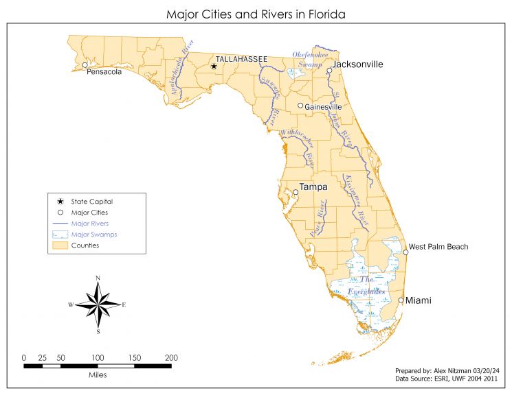 A very basic map of Florida showing examples of type style and placement
