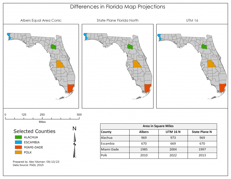 Florida County Map in three projections Final map showing Florida with a selected Counties layer in Albers, FL State Plane N and UTM 16 N