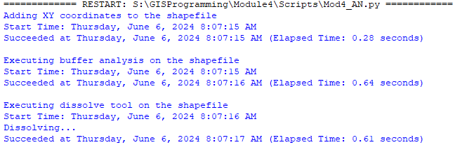 Geoprocessing Tools Python Script Results Successful run of a Python script running Geoprocessing Tools