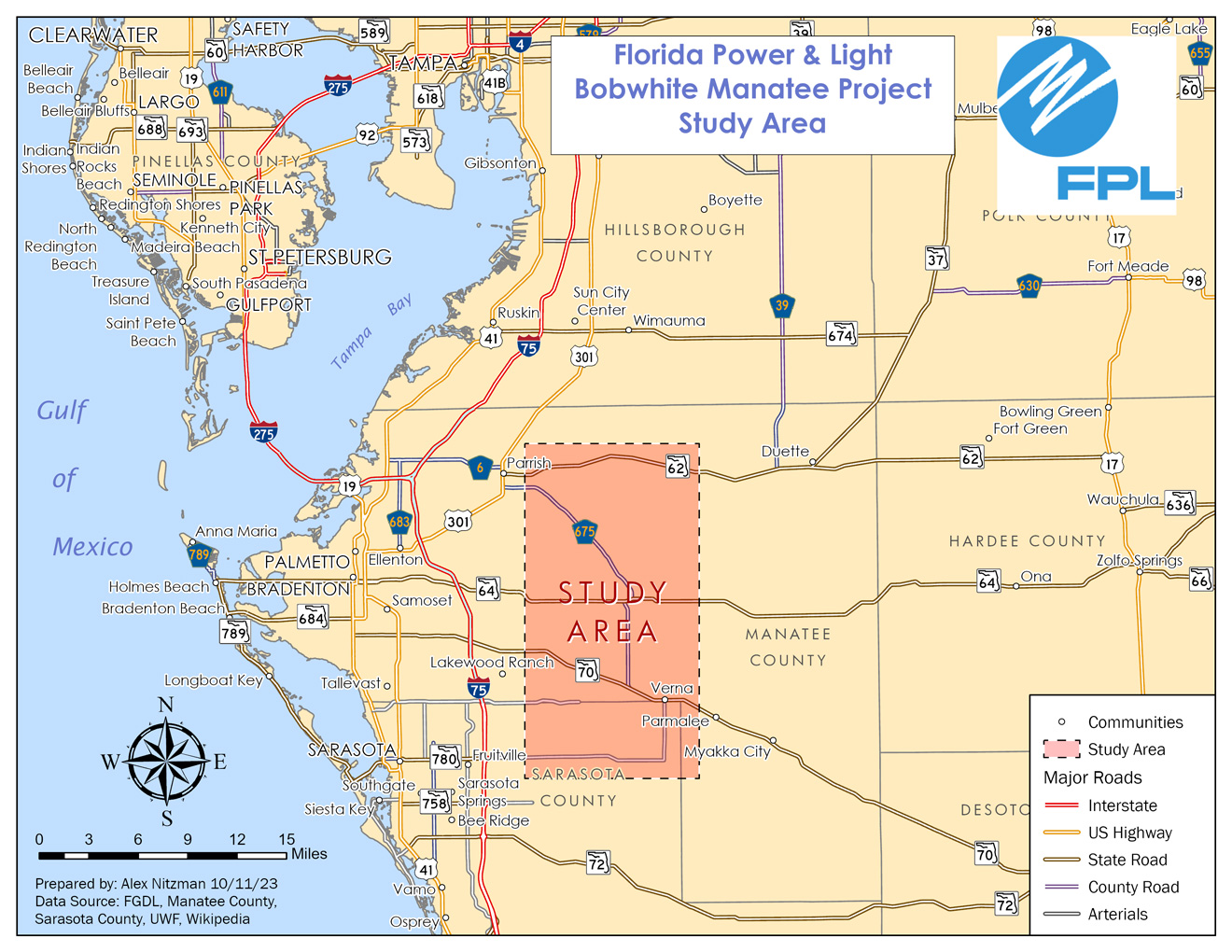 Map showing the Study Area for the Bobwhite Manatee Transmission Line project