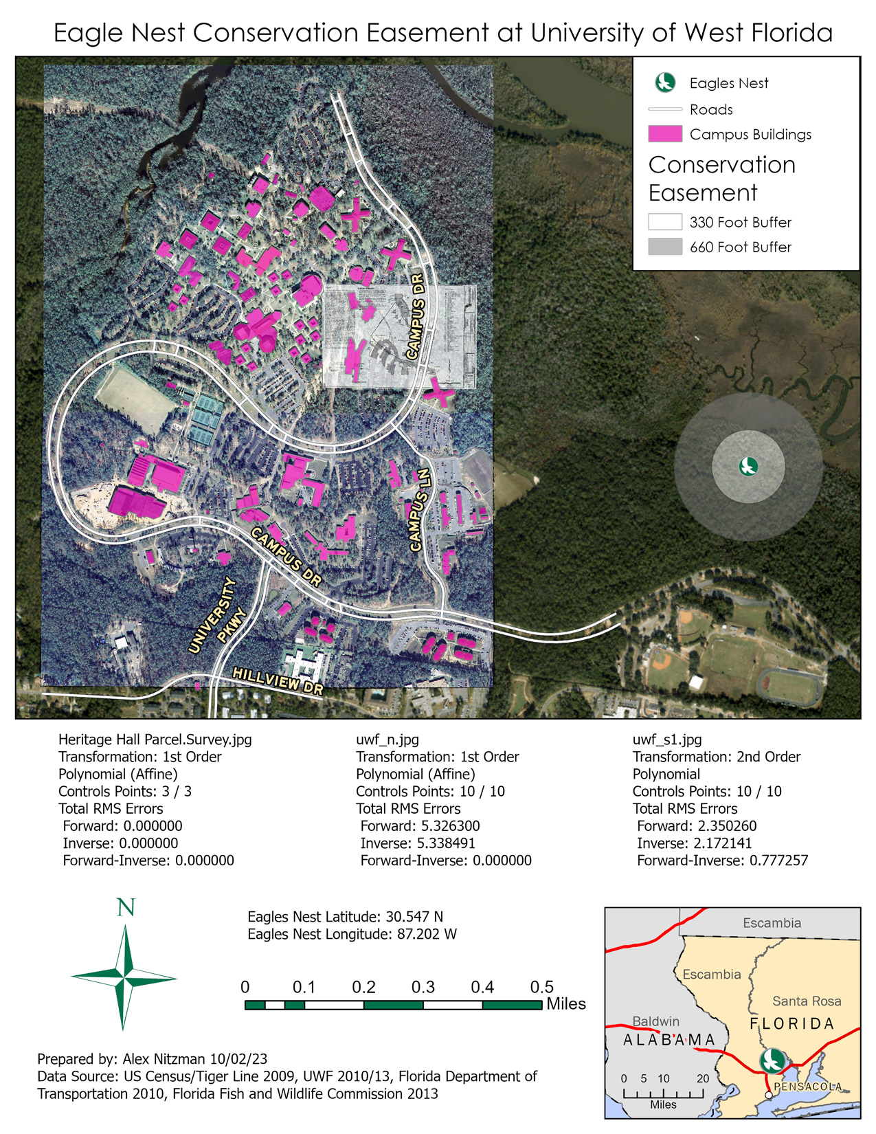 Aerial imagery and GIS data showing the UWF Campus and and Eagles nest easement