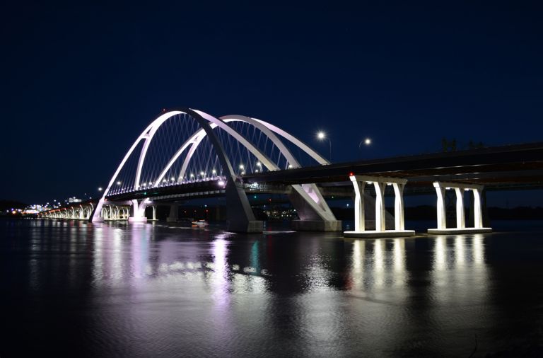 Looking west at the I-74 Bridge over the Mississippi River.